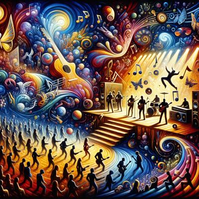 The primary subject of the image is a group of people playing musical instruments on stage. They are surrounded by a vibrant and colorful background, which includes a variety of musical instruments, such as guitars, drums, and keyboards. The setting appears to be a concert or performance venue, with the stage being the focal point of the scene. The visual style of the image is a combination of digital art and illustration, creating a dynamic and engaging atmosphere. The colors and mood of the image are lively and energetic, reflecting the excitement and passion of the musicians and their performance.